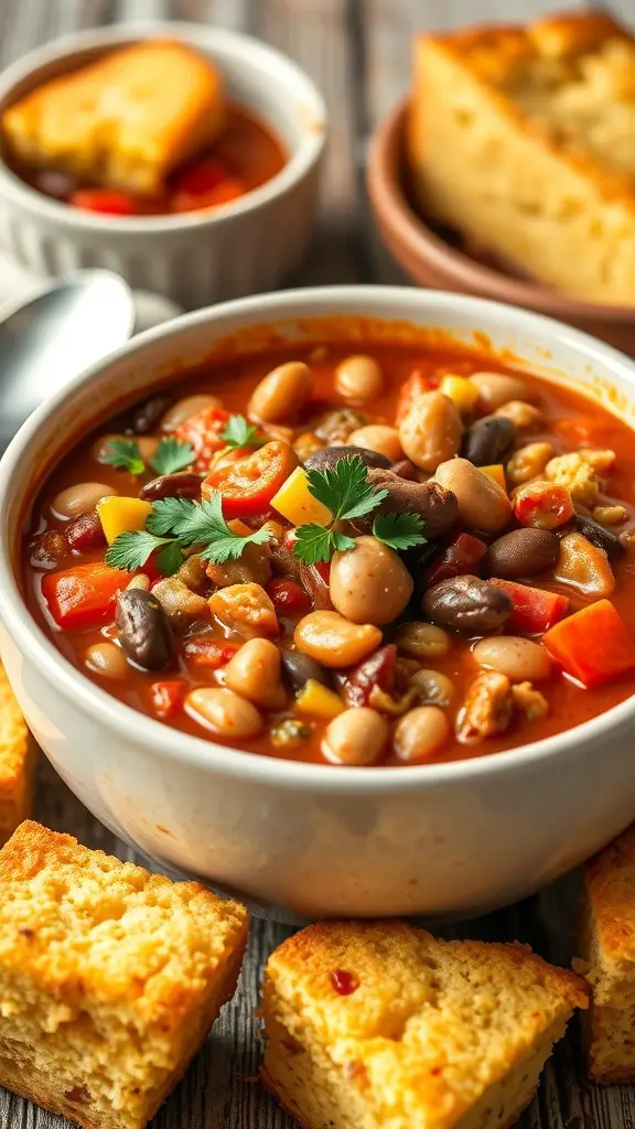 A bowl of zesty turkey chili with beans, garnished with cilantro, served with cornbread.