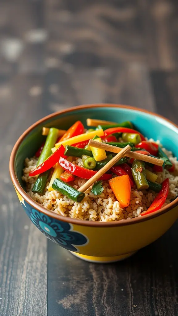 A bowl of vegetable stir-fry with brown rice, featuring colorful bell peppers and green beans.