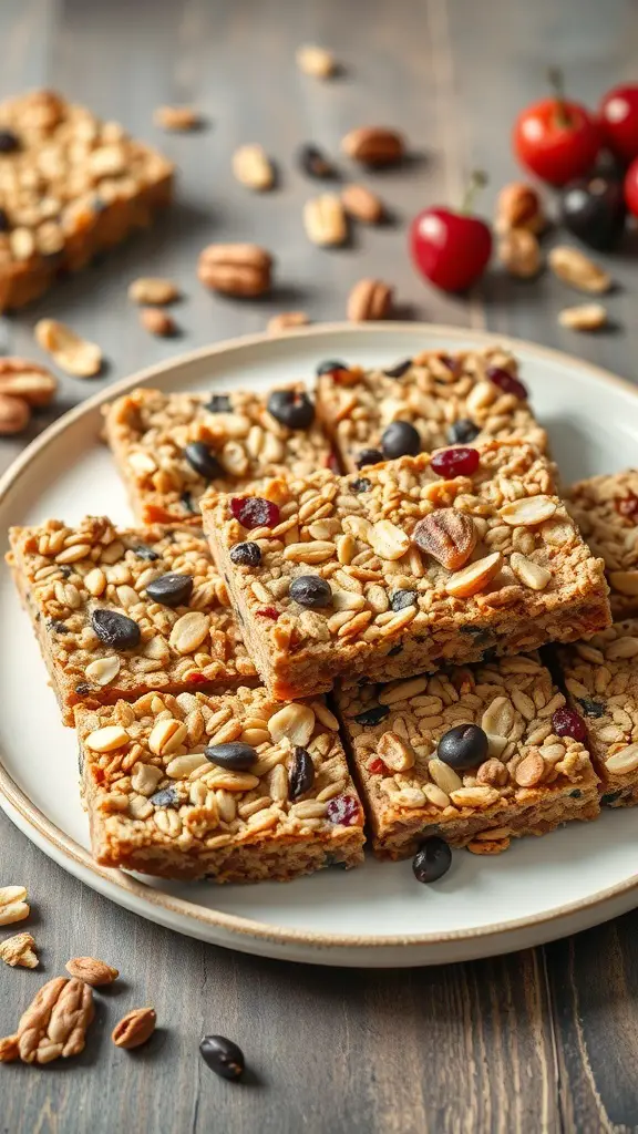 Homemade granola bars with nuts and dried fruit on a plate