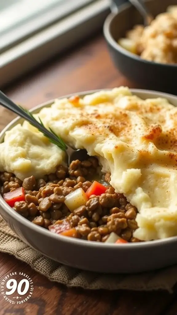 A bowl of Turkey and Lentil Shepherd's Pie with mashed potatoes on top.