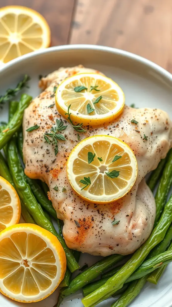 Baked lemon herb chicken with green beans and lemon slices