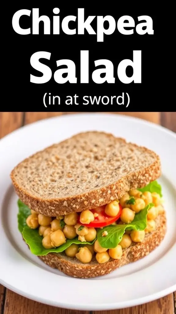 Chickpea salad sandwich with lettuce and tomato on whole grain bread