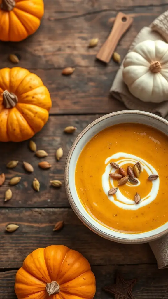 A bowl of creamy pumpkin soup garnished with pumpkin seeds, surrounded by small pumpkins on a wooden table.