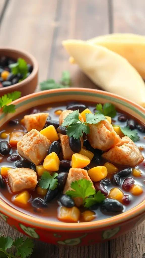 A bowl of Southwestern Chicken Stew with chicken, black beans, corn, and cilantro.