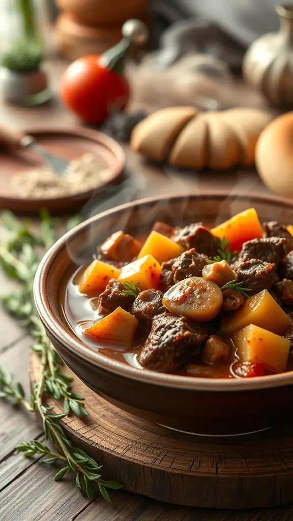 A bowl of hearty beef stew with potatoes and mushrooms, garnished with herbs, on a wooden table.