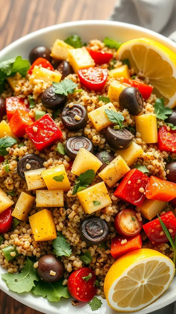A vibrant quinoa salad with roasted vegetables, cheese, and lemon slices.
