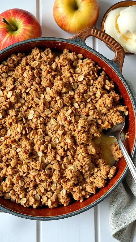 A delicious apple crisp with oat topping in a Dutch oven, surrounded by fresh apples and a scoop of ice cream.