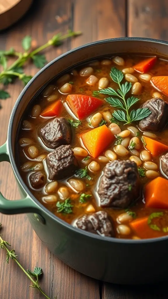 A pot of beef and barley stew with carrots and herbs