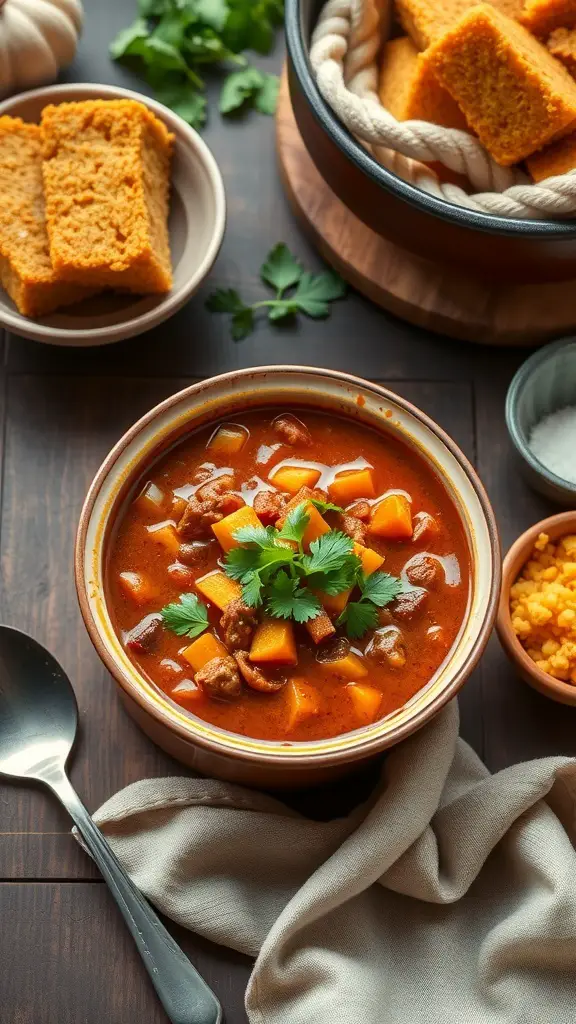 A bowl of hearty pumpkin chili topped with cilantro, with cornbread on the side.