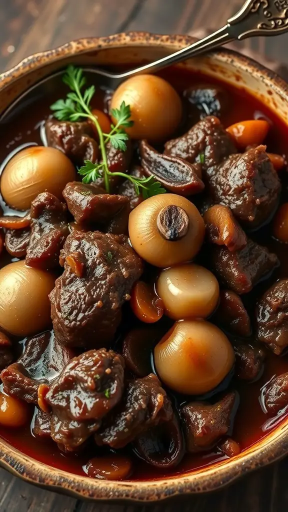 A bowl of classic Beef Bourguignon with tender beef, pearl onions, and a rich red wine sauce.