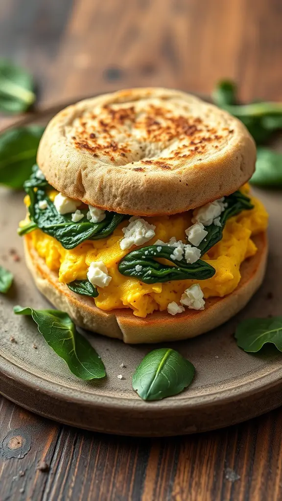 A savory breakfast sandwich featuring scrambled eggs, spinach, and feta cheese on a toasted English muffin.
