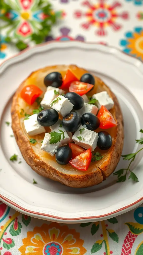A Mediterranean baked potato topped with feta cheese, black olives, and diced tomatoes on a colorful plate.