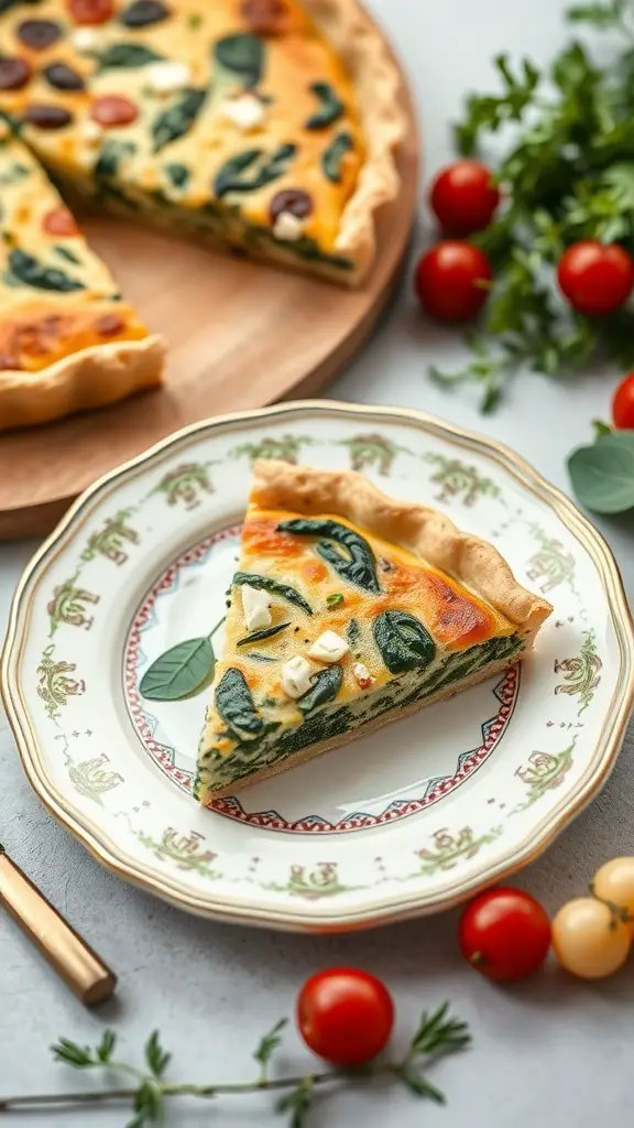 A slice of herbed quiche with spinach and feta on a decorative plate, surrounded by cherry tomatoes and herbs.