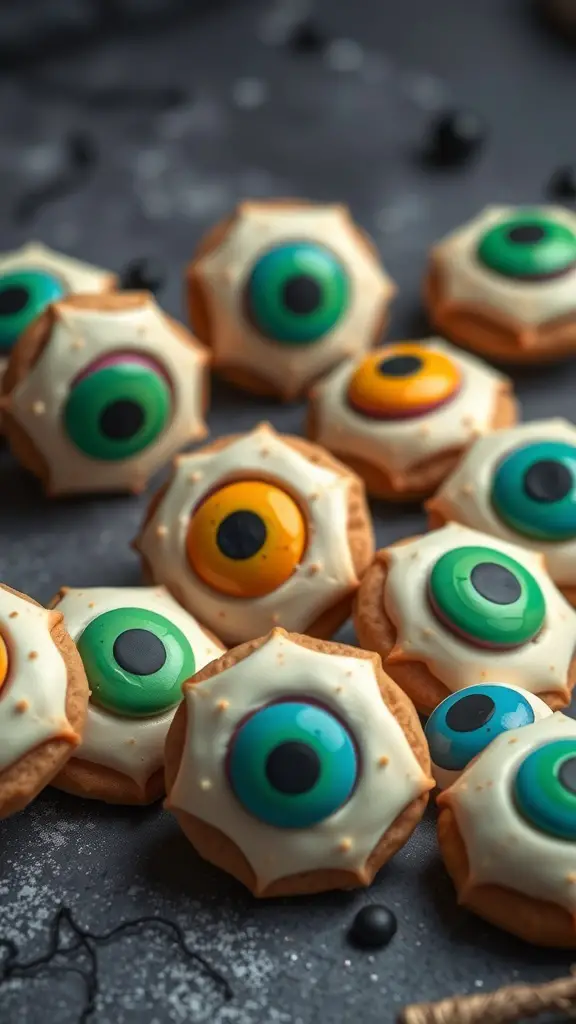 A variety of colorful eyeball cookies decorated with icing and candy.
