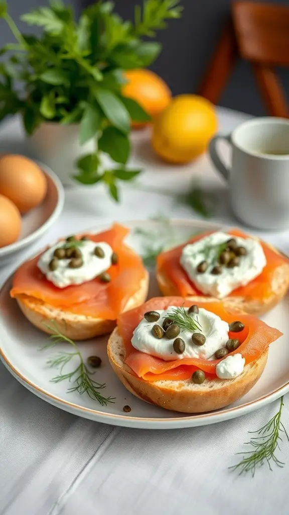 A plate of smoked salmon bagels topped with cream cheese, capers, and fresh dill, surrounded by lemons and eggs.