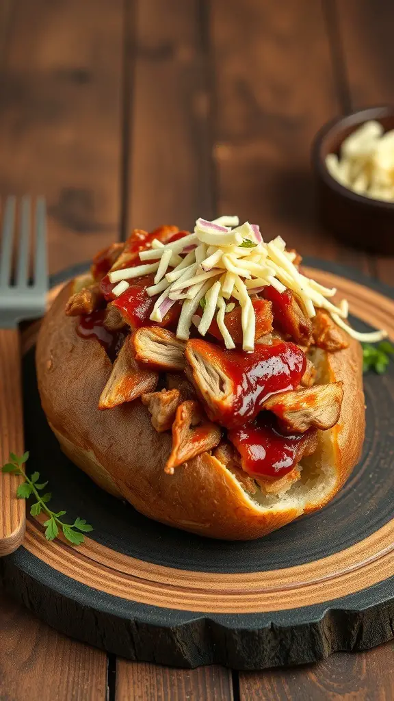 A baked potato topped with BBQ pulled pork and coleslaw, served on a wooden plate.