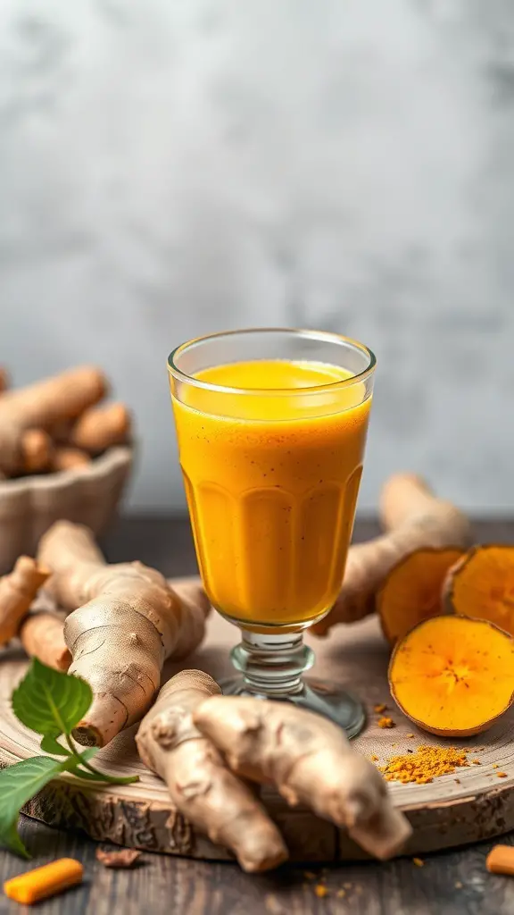 A glass of turmeric ginger smoothie surrounded by fresh turmeric and ginger roots.