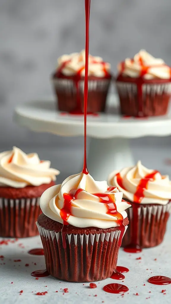 Bloody Red Velvet Cupcakes with red sauce dripping on top