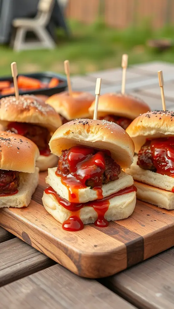 A platter of BBQ meatball sliders with ketchup on top, served on a wooden board.