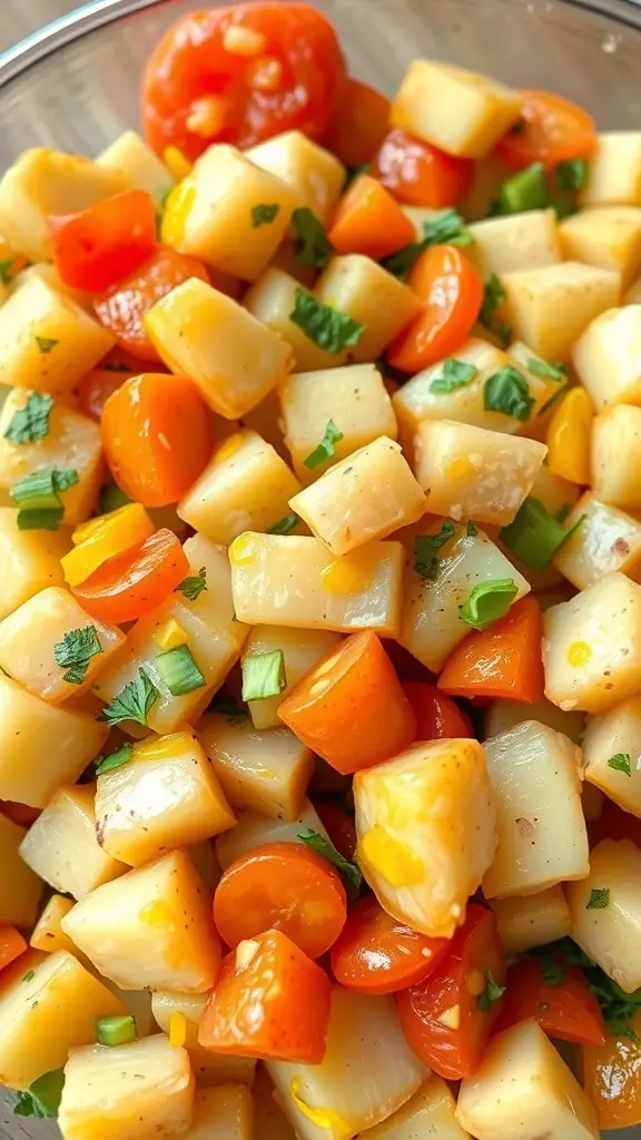 A colorful bowl of potato salad with diced potatoes, cherry tomatoes, and herbs.