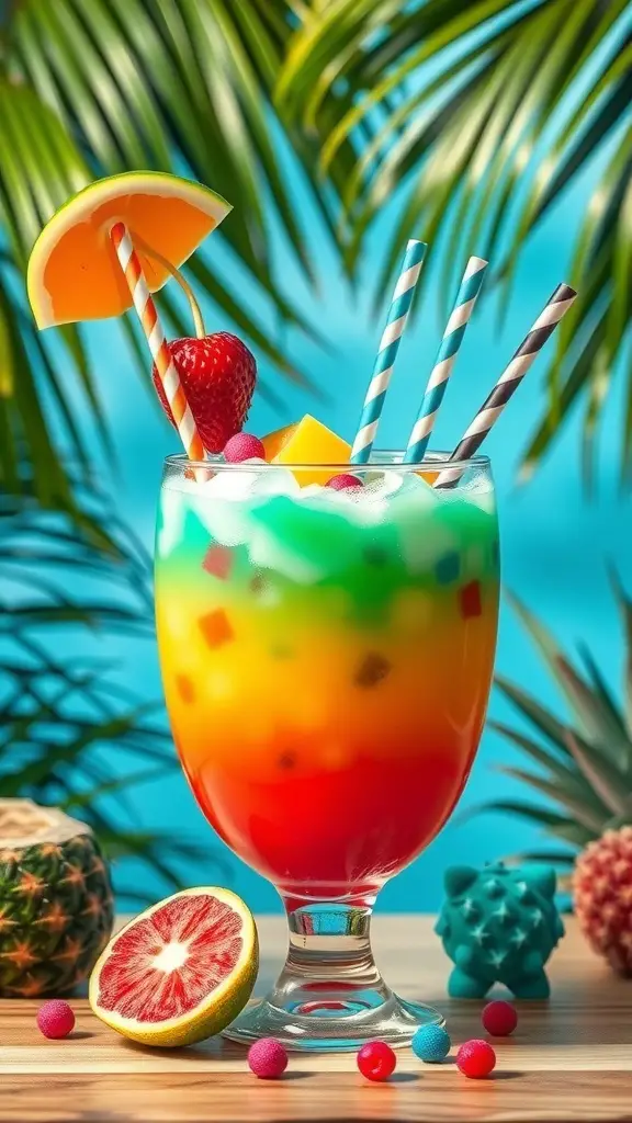 Colorful Halloween punch with tropical fruits and candies