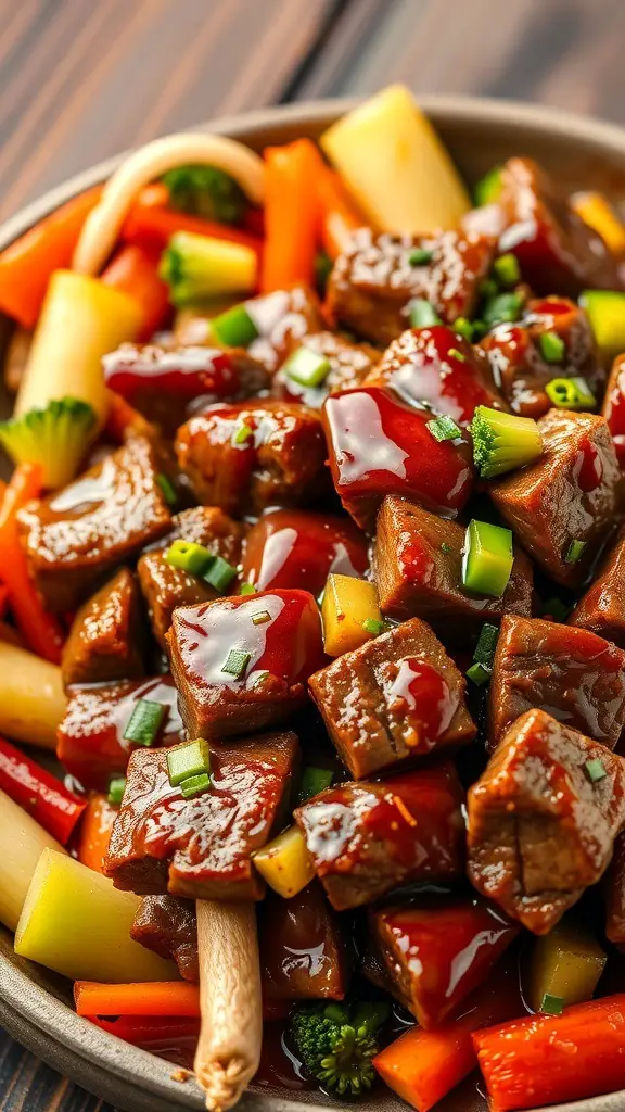 A plate of teriyaki beef with colorful vegetables, showcasing a delicious and vibrant meal.