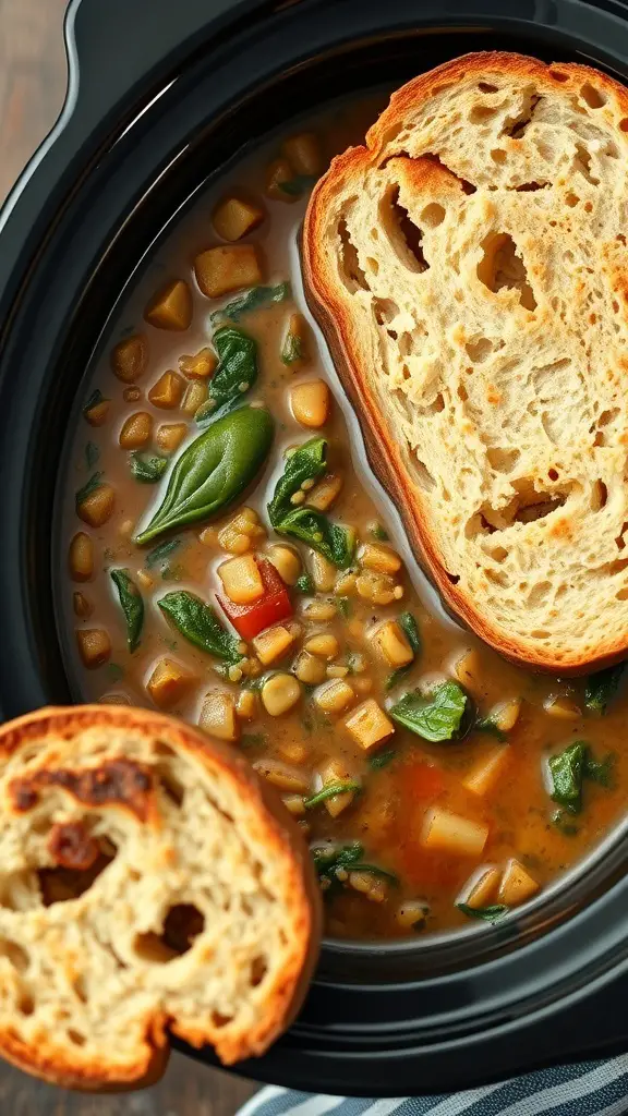 A bowl of lentil and spinach soup with a slice of bread on the side.