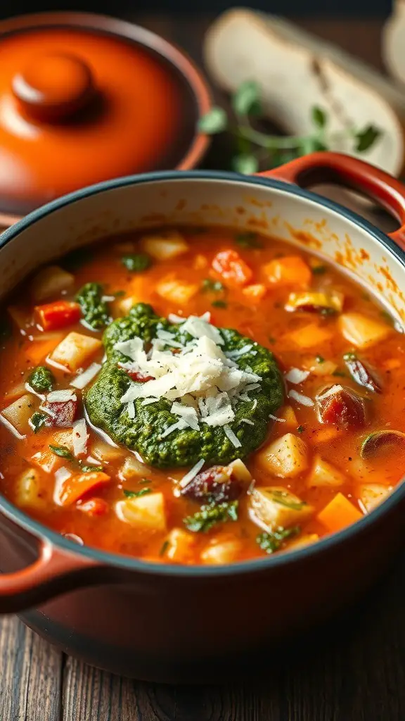 A bowl of minestrone soup topped with pesto and cheese, with a Dutch oven in the background.