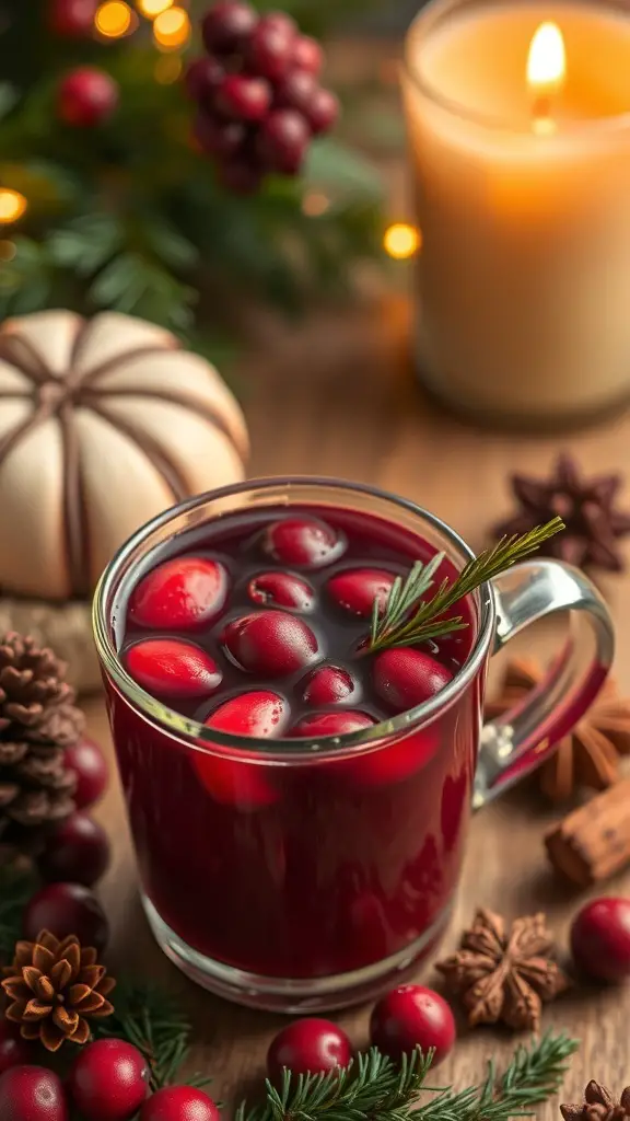 A warm mug of mulled cranberry punch with cranberries and rosemary, surrounded by pinecones and a candle.