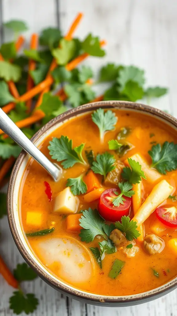 A bowl of Thai Coconut Curry Soup with colorful vegetables and herbs