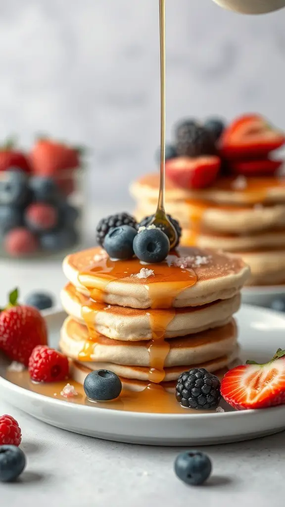Stack of coconut flour pancakes topped with syrup and fresh berries