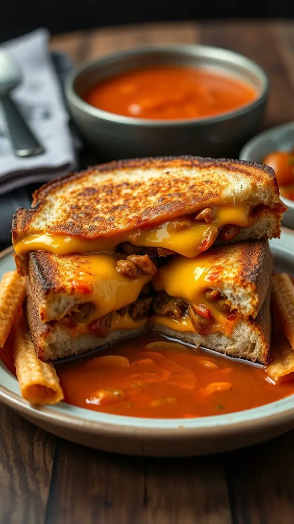 A delicious Hatch Chili Grilled Cheese Sandwich with melted cheese and roasted chilis, served with tomato soup.