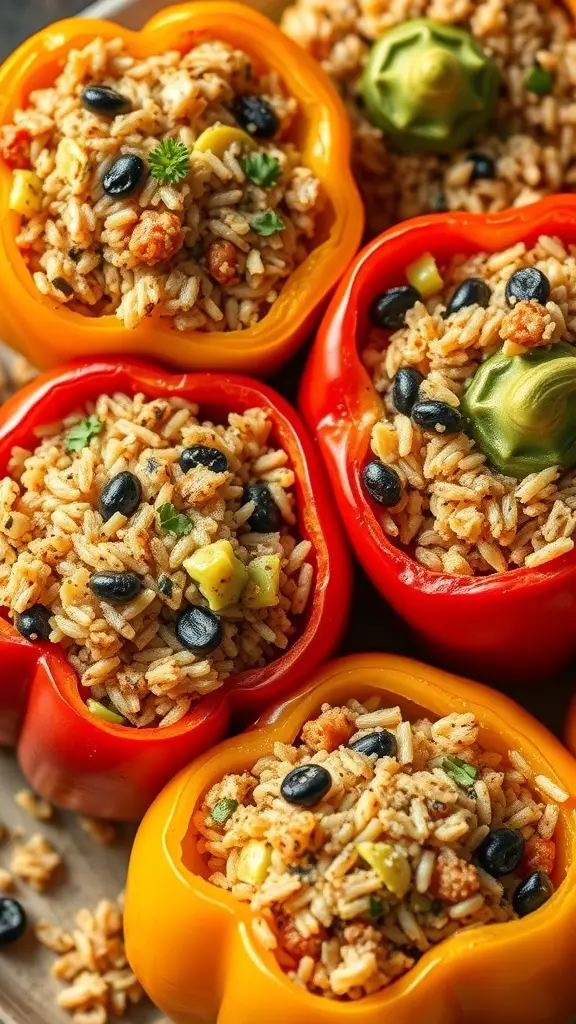Stuffed bell peppers filled with brown rice and black beans