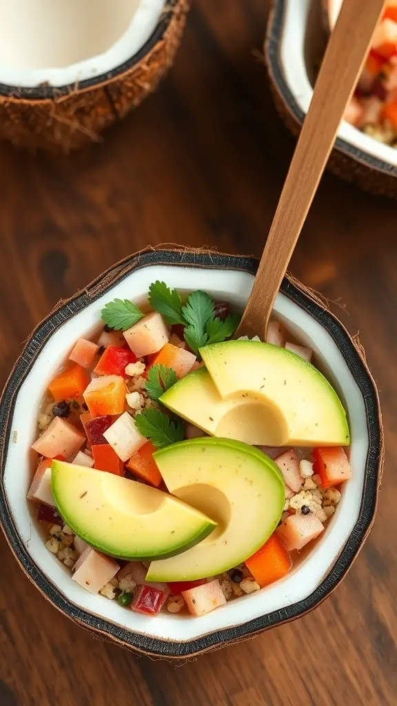 A colorful ceviche breakfast bowl with diced fish, tomatoes, onions, and avocado.