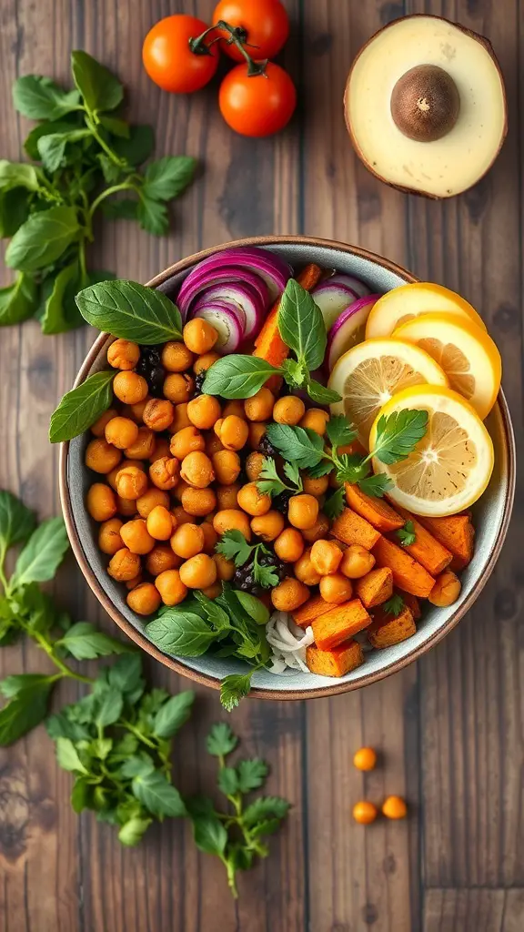 A colorful Buddha bowl featuring roasted sweet potatoes, chickpeas, fresh vegetables, and lemon slices.