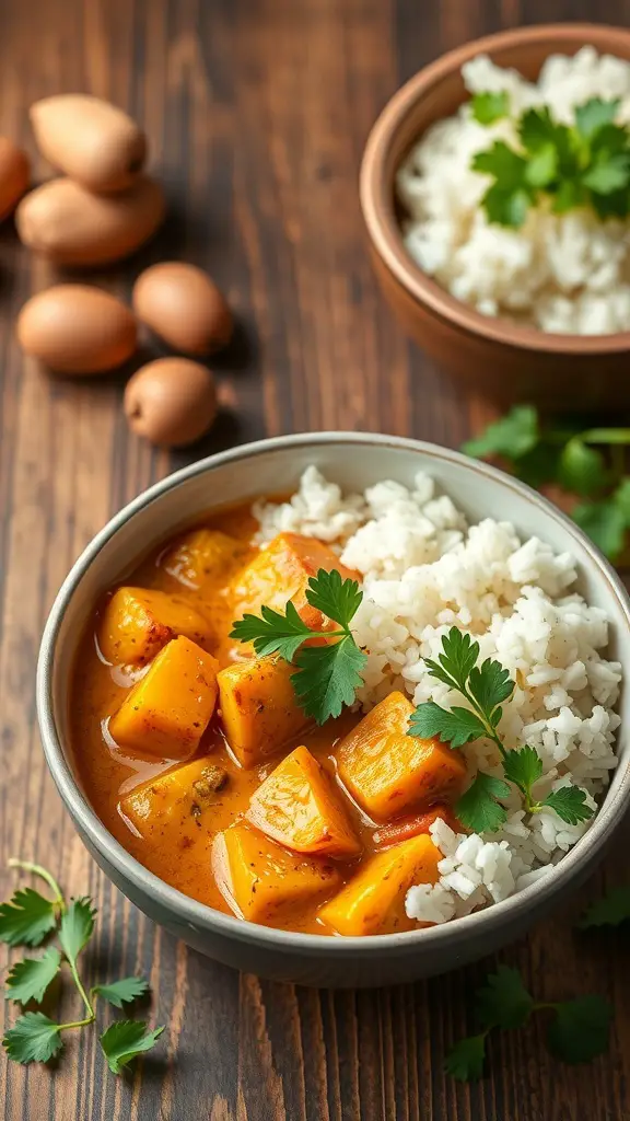 A bowl of canned potato curry with rice and fresh cilantro on a wooden table.