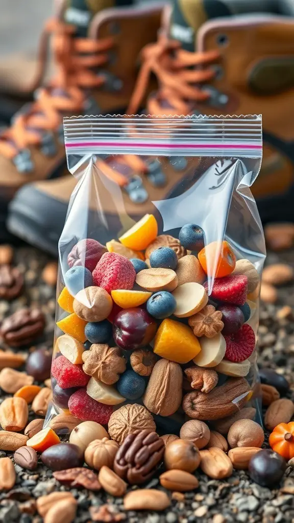 A resealable bag filled with colorful fruit and nut trail mix, with hiking boots in the background.