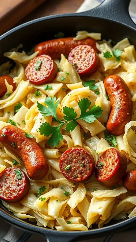 A skillet filled with cabbage, sausage, and noodles garnished with parsley.
