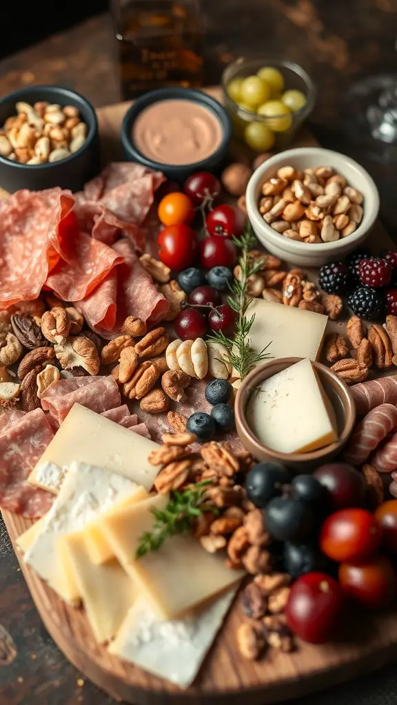 A beautifully arranged artisan charcuterie board featuring meats, cheeses, nuts, and fruits.