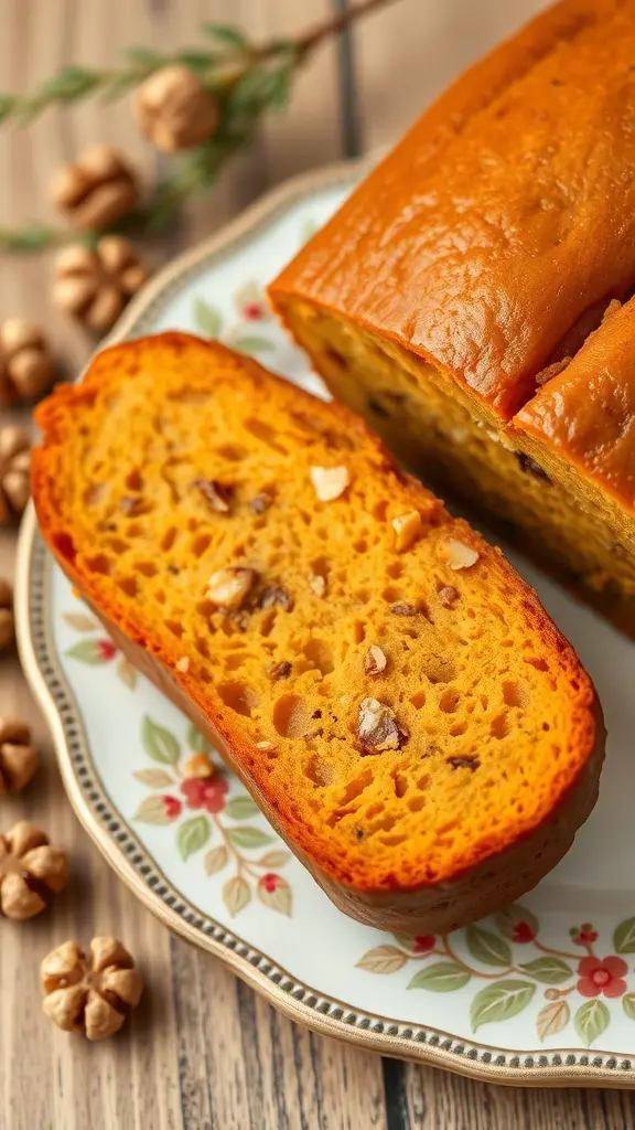 A slice of sweet potato bread with walnuts on a floral plate, showcasing its vibrant orange color and texture.