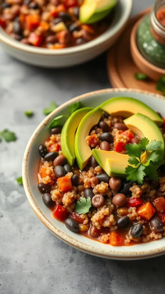 A bowl of quinoa and black bean chili topped with avocado slices and cilantro