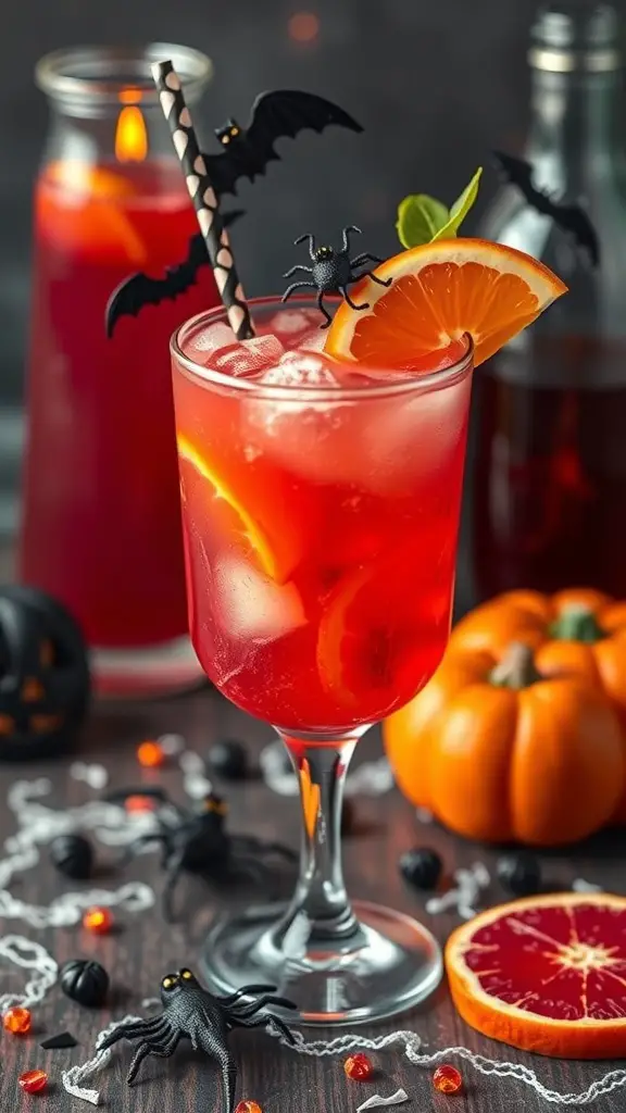 A spooky blood orange fizz mocktail garnished with orange slices and bat decorations, set against a Halloween-themed backdrop.