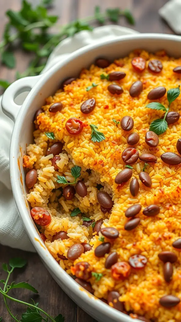 A delicious lentil and rice casserole topped with herbs and beans.
