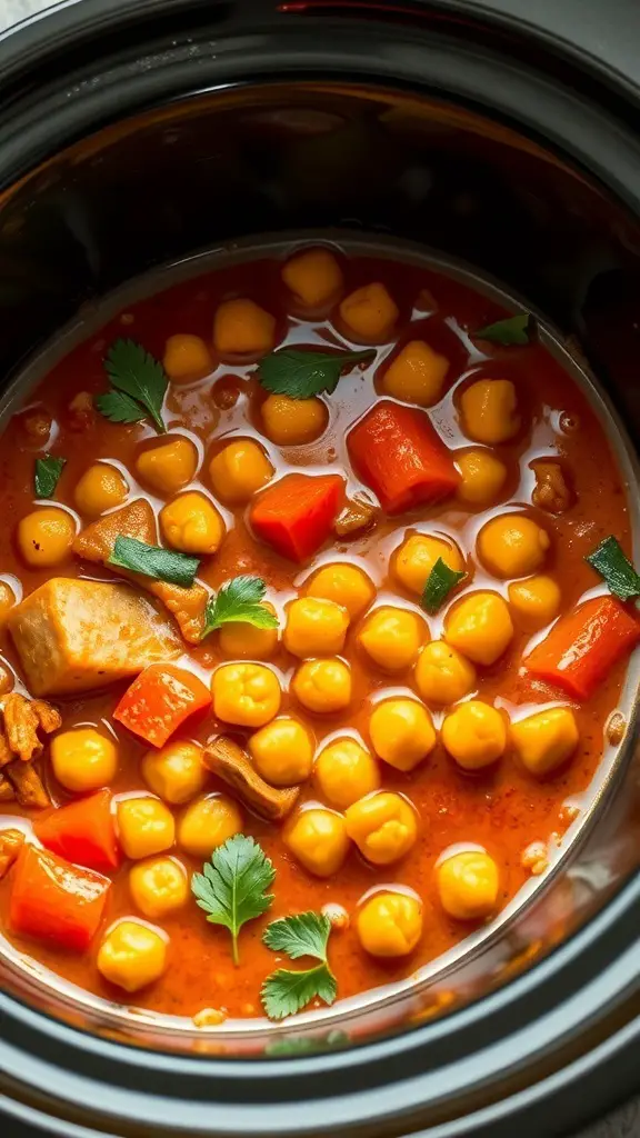 A close-up of a crockpot filled with curried vegetable and chickpea stew, featuring corn, red peppers, and fresh herbs.