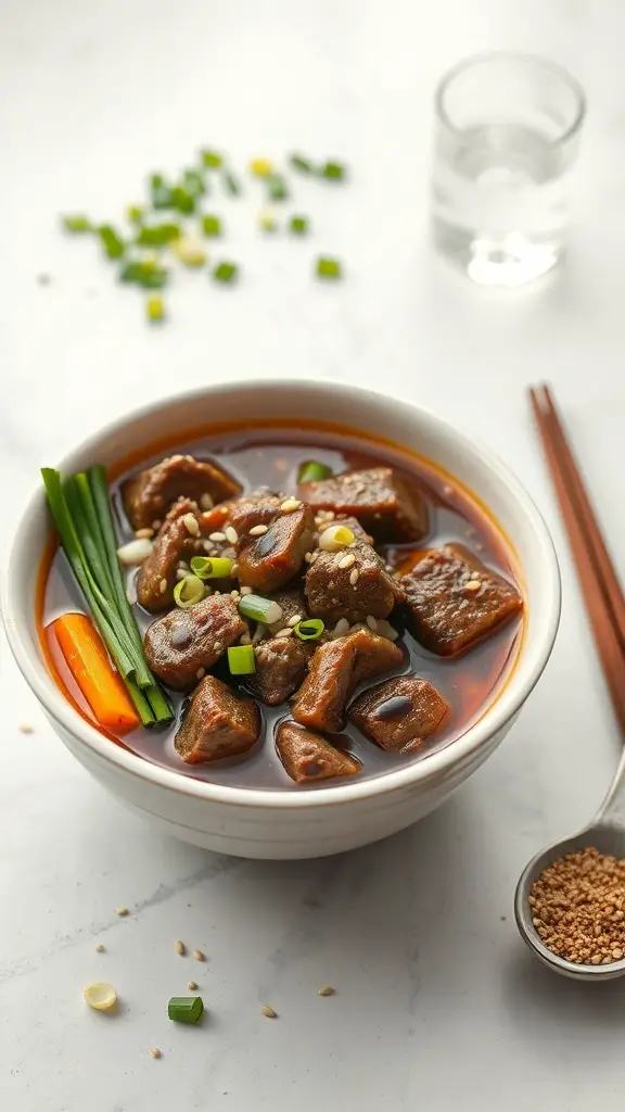 A bowl of Asian-inspired beef stew with soy sauce, featuring chunks of beef, carrots, and green onions.
