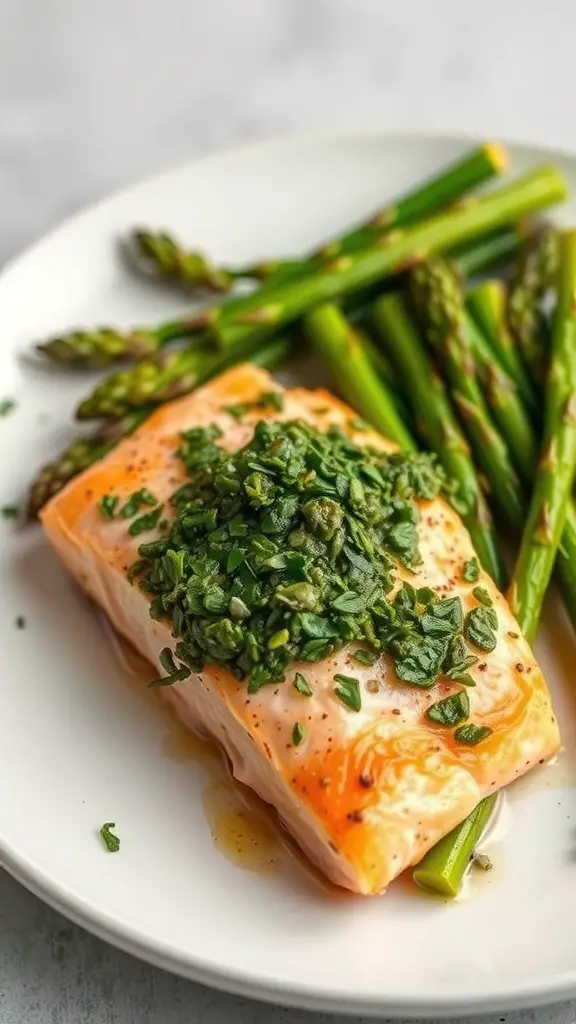 A plate of pesto salmon with asparagus, showcasing vibrant colors and fresh ingredients.