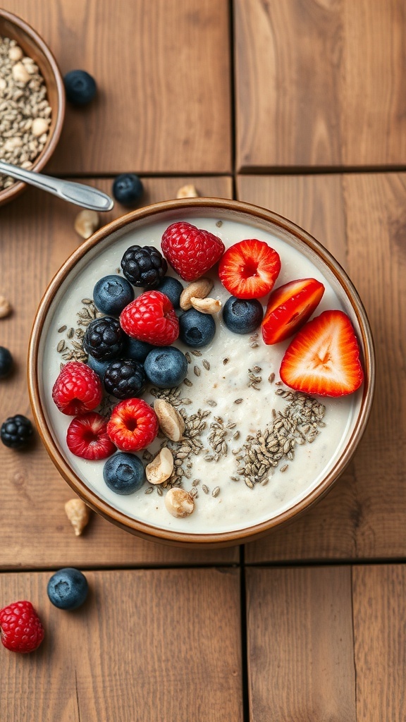 A bowl of overnight oats topped with berries and chia seeds on a wooden table.