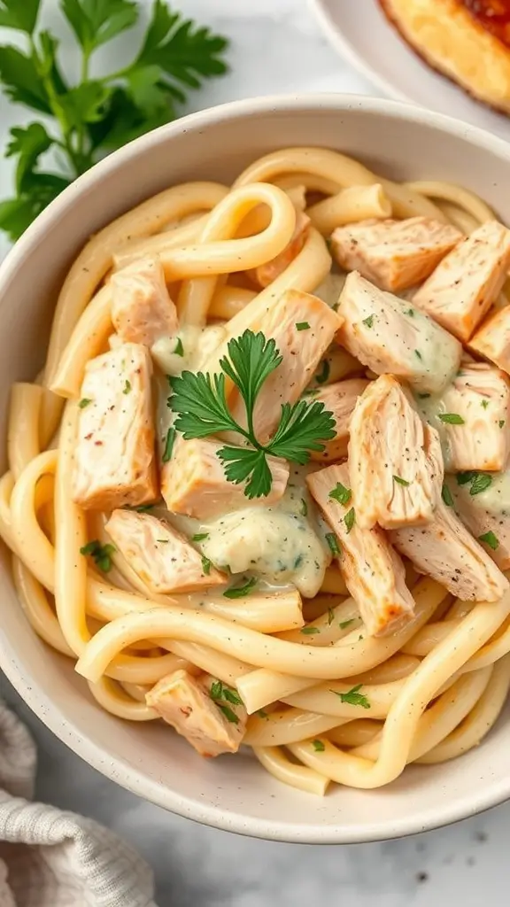 A bowl of creamy chicken Alfredo pasta topped with parsley and pieces of rotisserie chicken.