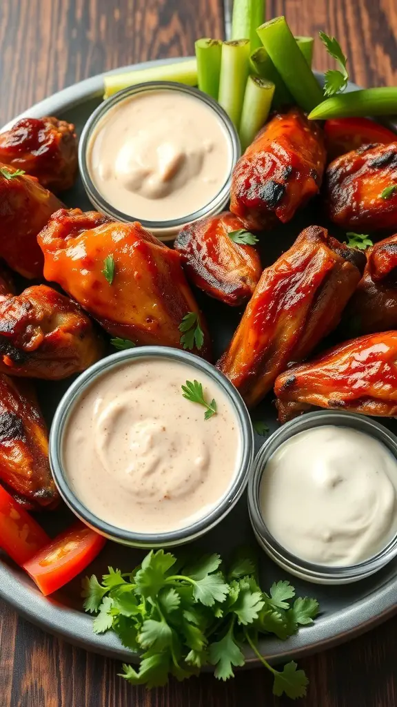 A plate of smoky BBQ chicken wings with dipping sauces and fresh vegetables.