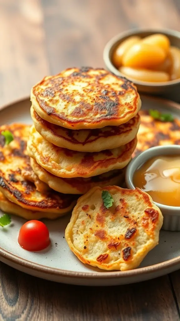 A plate of mini potato pancakes served with applesauce and garnished with a cherry tomato.